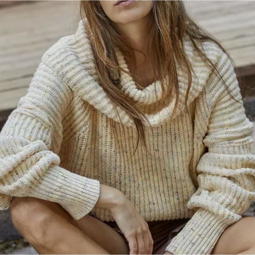 Free People Sweater Leo Tunic Ivory Speckled Oversized Ribbed Cowlneck